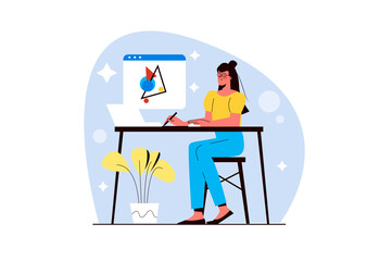 Blue concept Creative workers with people scene in the flat cartoon design. Employee makes sketches for his new project.