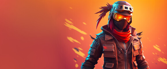 Masked man, stylized game character. Header with copy space, generative ai