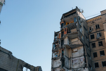 Impact on a high-rise building in the city of Dnipro, Ukraine. A residential building destroyed by...