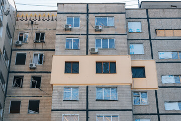 Impact on a high-rise building in the city of Dnipro, Ukraine. A residential building destroyed by an explosion after a Russian missile attack. Consequences of the explosion.