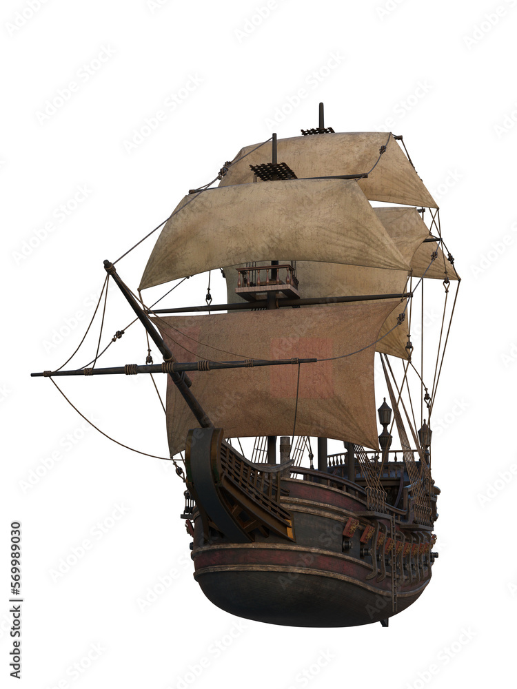 Poster historic wooden tall ship with wind in the sails. isolated 3d render viewed from the front.
