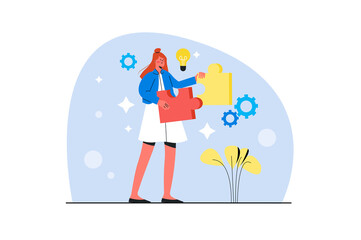 Blue concept Branding with people scene in the flat cartoon design. Creative director presents the design and colors of the new project.