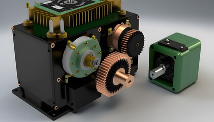 Servo motor and gear system: A photo showing a servo motor and gear system, highlighting the integration of mechanical and electrical systems in mechatronics.
