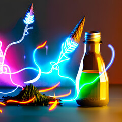Generative AI, alchemy lab, jars, potions, flasks, powders, scientific and magical artifacts, neon lights and many details. magical pharmacy with bright vessels on the table
