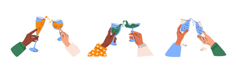 Hands holding glasses with cocktails. Drinking toast cheers to celebrate, friends gathering together. Cartoon vector set