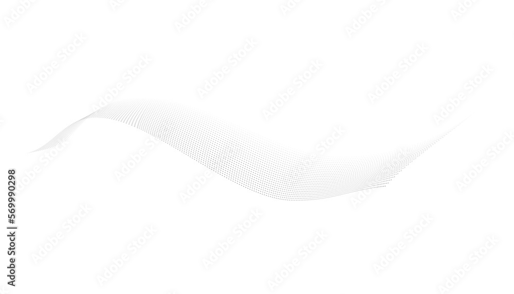 Poster Dotted halftone waves. Flowing wavy lines pattern. Abstract liquid shapes, wave effect dotted gradient texture. Curve textures with halftone circular point isolated on white background