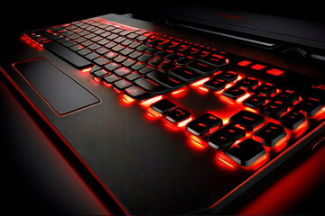 Generative AI, backlit gaming laptop keyboard, bright backlit keys in a modern laptop