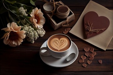 Eine Tasse Kaffee mit Blumen dekoriert, Muttertag inspiriert, Herzen, 