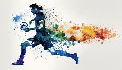 football player watercolor style  background illustration, profile running with a football balloon, dynamic pose, made by ai