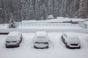 Car under a thick layer of snow. Three snow-covered cars during a winter blizzard