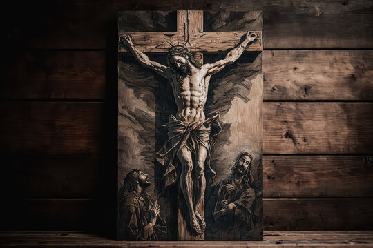 Jesus on the cross old wooden as Christianity concept. (ai generated)