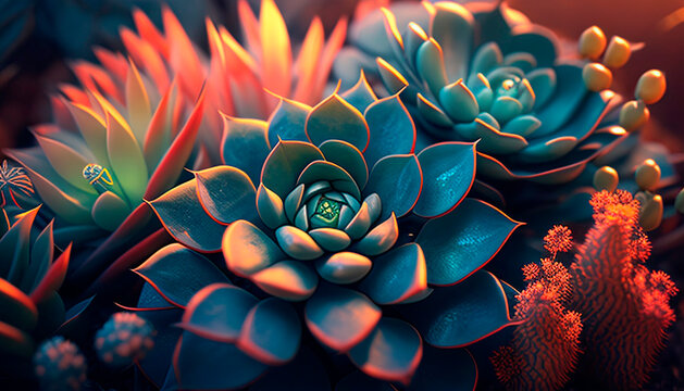 Generative AI, succulent close-up in natural environment, exotic cactus with colored leaves in a spiral, plant bright as a background