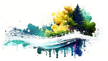 natural river and forest watercolor landscape background with splashes wavy made by ai