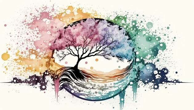 Watercolor tree river circle meditation cycle life colorful painted style illustration isolated made by ai