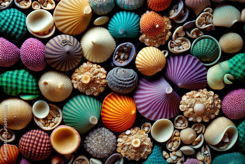 Poster contextual sea shells in a rainbow of hues generative ai
