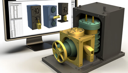 Computer simulation of a mechanical system: A photo showing a computer simulation of a mechanical system undergoing FEA, demonstrating the numerical analysis of stress, strain, and deformation.