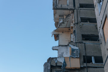 Impact on a high-rise building in the city of Dnipro, Ukraine. A residential building destroyed by...