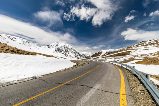 Karakorum highway covered in snow leading to khunjrab pass and Pakistan China border   