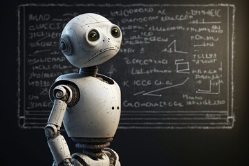 AI robot futuristic teacher, in a classroom with blackboard in the background, with interrogative expression and doubts, about to answer a question he is not absolutely sure,generated by IA