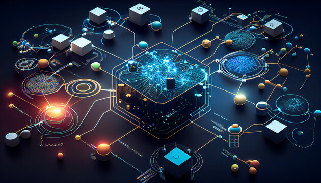 A graphical representation of a connected IoT network, with various nodes, devices, and connections.  Generative AI.