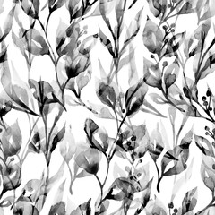 imprints black and white simple flowers. hand painted seamless pattern. digital drawing and watercolor texture. background for textile and design. wallpaper. boho chic art, mixed media. floral frame