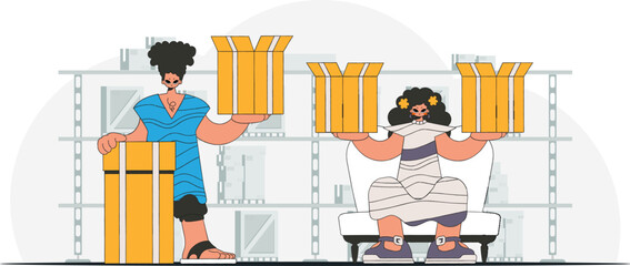 Charming woman and man are holding boxes in their hands. Parcel delivery team. A graphic representation of the dispatch of consignments and cargo