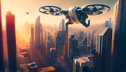 A drone is flying over a modern city, with tall buildings, roads, and a bustling skyline in the background.  Generative AI.