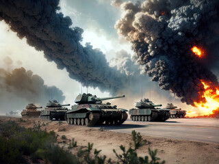 Fototapeta premium Tanks on a battlefield. Heavy bombardment. Fire. Explosions. Made with Generative AI. 