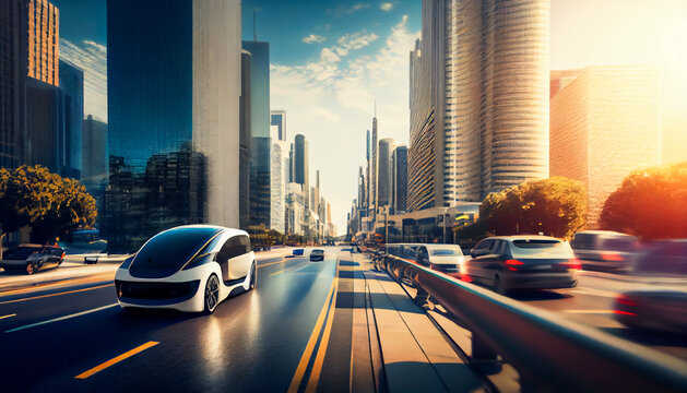 A self-driving car is driving along a highway, with other cars and a modern city skyline in the background.  Generative AI.