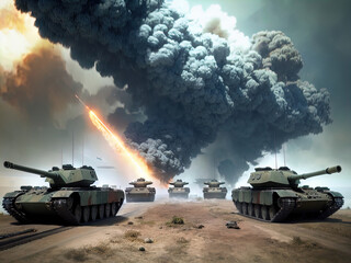 Obraz premium Tanks on a battlefield. Heavy bombardment. Fire. Explosions. Made with Generative AI. 