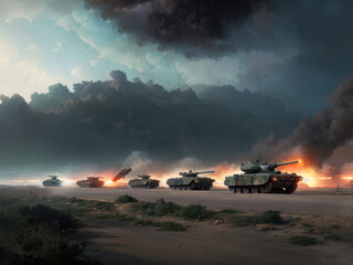 Fototapeta premium Tanks on a battlefield. Heavy bombardment. Fire. Explosions. Made with Generative AI. 