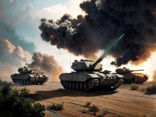 Fototapeta na wymiar Tanks on a battlefield. Heavy bombardment. Fire. Explosions. Made with Generative AI. 
