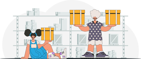 Obraz premium A woman and a man are holding boxes in their hands. Parcel delivery team. A painting depicting the distribution of packages and shipment of cargo.