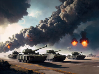 Tanks on a battlefield. Heavy bombardment. Fire. Explosions. Made with Generative AI.	