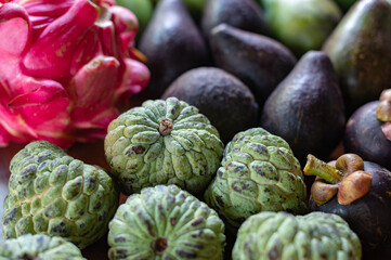 Fototapeta premium Set of Balinese fruits and vegetables . Flat lay