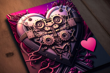 Valentine's Day, card, cyberpunk, synthwave, heart, love, wedding, greeting, card, romance, romantic, celebration, illustration, art, drawn, painted, paper, frame, pink, red, isolated, shiny, glow,