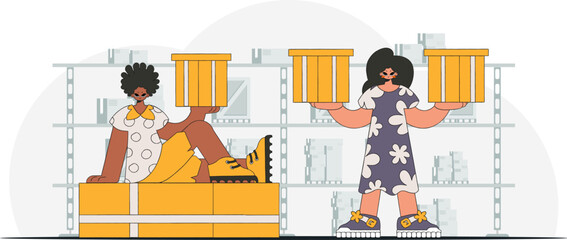 A man and a woman are holding boxes. Parcel delivery team. A graphic representation of the dispatch of consignments and cargo