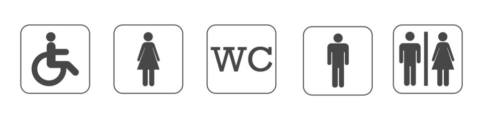 Toilet icons set, toilet signs, WC signs. Toilet vector icons set, male or female restroom wc