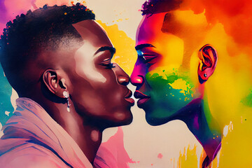 A passionate portrait of two black gay men about to kiss, capturing the love and affection between partners, generative ai. A beautiful representation of love and commitment