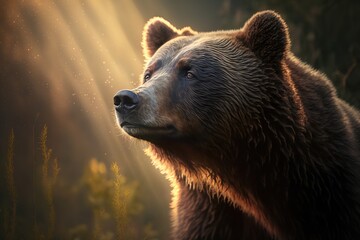 a photo-realistic grizzly bear portrait illustration with depth of field and beautiful bokeh in dramatic lighting at dawn