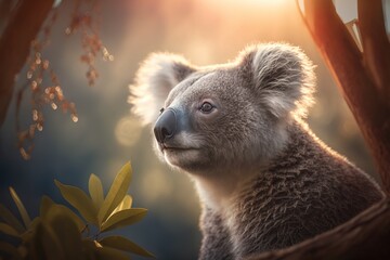 a photo-realistic koala bear portrait illustration with depth of field and beautiful bokeh in dramatic lighting at dawn