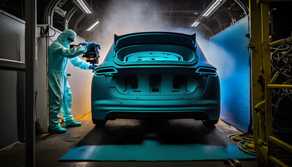 Automotive Painting: A photo displaying a man equipped with advanced sensors and precision control systems, painting a car in an automotive factory. The man uses techniques such as computer vision.