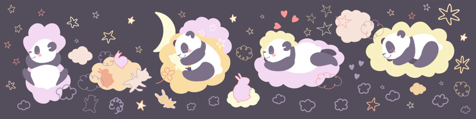 Isolated set with cute sleeping pandas in flat style. collection with stars, moon and clouds. Sweet dreams. Ideal kids design, for fabric, wrapping, textile, wallpaper, apparel