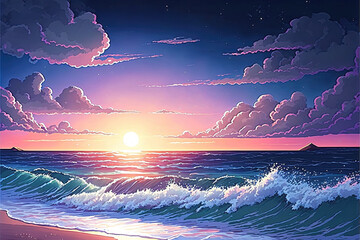 a wonderful magic ocean scene with waves incoming, anime manga style, generative ai technology