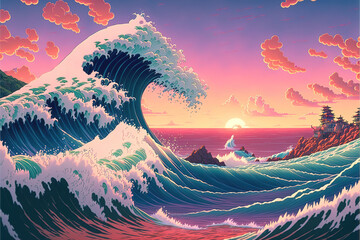 an impressive waves off kanagawa illustration in a modern anime style, manga art, generative ai technology