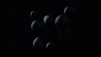 Minimal simple and beautiful black abstract background. 3d spheres or balls floating. Beautiful fashion wallpaper or template.