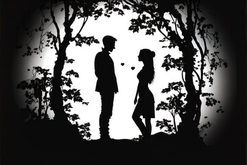 Obraz na płótnie Canvas a cute lovely couple in the forest only shown as a silhouette, in a magical fairytale style, generative ai technology