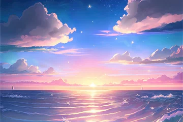 Schilderijen op glas a calm ocean scene with sunshine in background, dawn illustration, generative ai technology © Sternfahrer