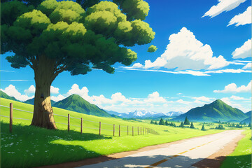 Fototapeta premium a wonderful anime manga inspired landscape illustration with a street, generative ai technology