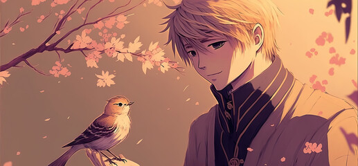 a lovely cute adorable anime man holding a bird in his hand, generative ai technology